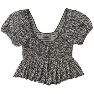 UO Urban Outfitters Angelo Smocked Bodice Top Ditzy Floral Black & White Size S
